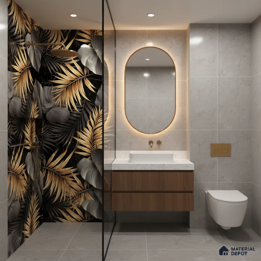 Modern bathroom with tropical black and gold highlighter wall tile, grey stone wall tile, and floating wood vanity