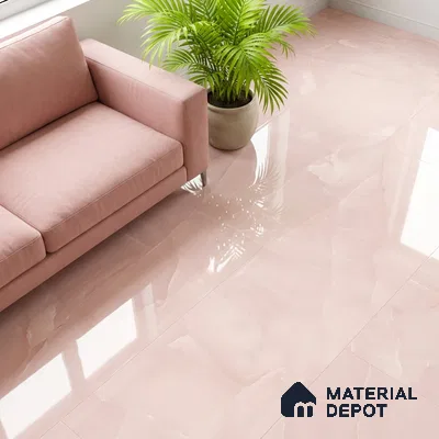 Modern living room with blush pink marble-look glossy floor tiles and pastel pink sofa