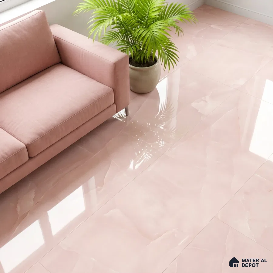 Modern living room with blush pink marble-look glossy floor tiles and pastel pink sofa