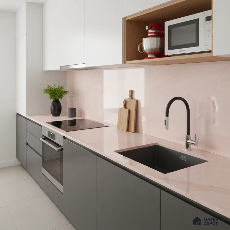 Modern kitchen with blush pink marble-look backsplash, white and grey laminate cabinets, and matte black fixtures