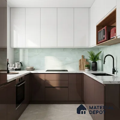 Modern U-shaped kitchen with glossy brown and frosty white laminate, quartz countertop, and mint green marble-look backsplash