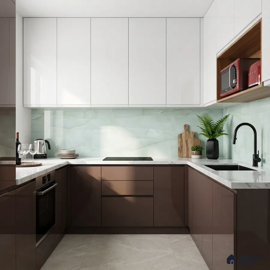 Modern U-shaped kitchen with glossy brown and frosty white laminate, quartz countertop, and mint green marble-look backsplash