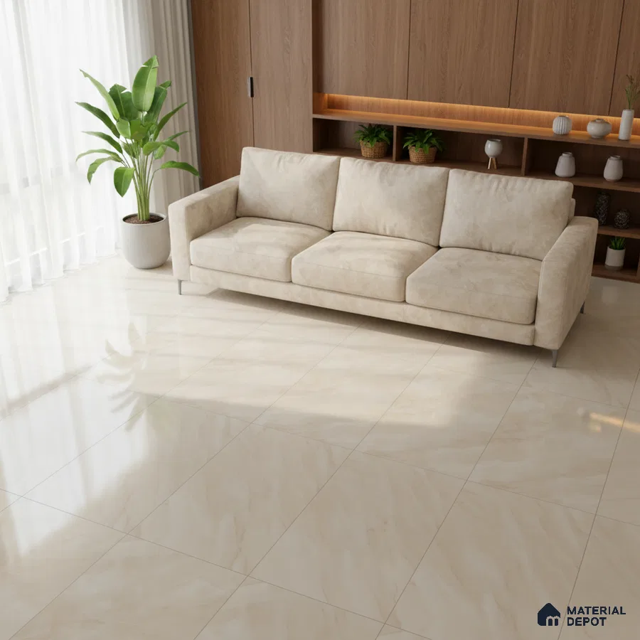 Modern living room with beige marble-look floor tiles and walnut wood laminate wall paneling