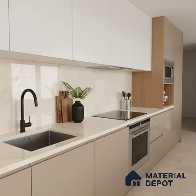 Modern kitchen with beige laminate cabinets, white marble-look backsplash, and light wood accents