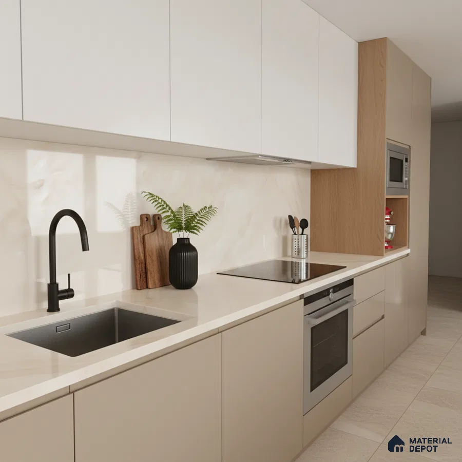 Modern kitchen with beige laminate cabinets, white marble-look backsplash, and light wood accents