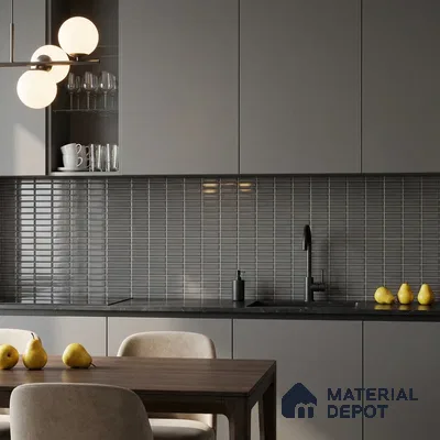 Modern Kitchen with Grey Glossy Linear Mosaic Backsplash Tile