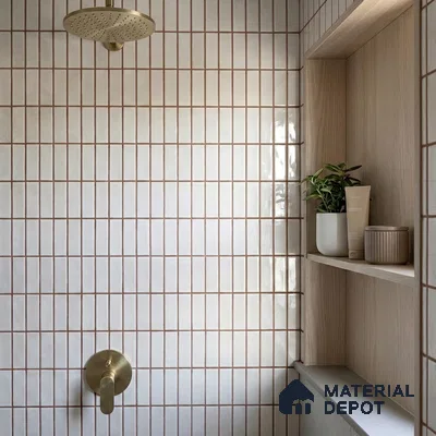 Modern Bathroom with White Glossy Square Grid Tile and Terracotta Grout