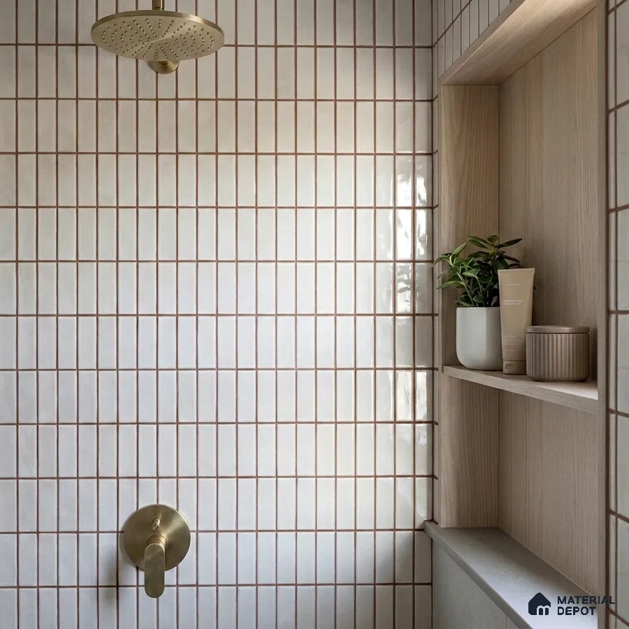 Modern Bathroom with White Glossy Square Grid Tile and Terracotta Grout