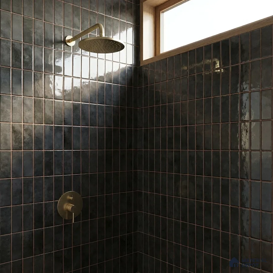 Modern Bathroom with Charcoal Black Glossy Stacked Tile and Brass Fixtures