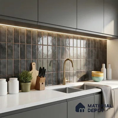 Modern Kitchen with Charcoal Black Glossy Stacked Backsplash Tile and Grey Cabinets