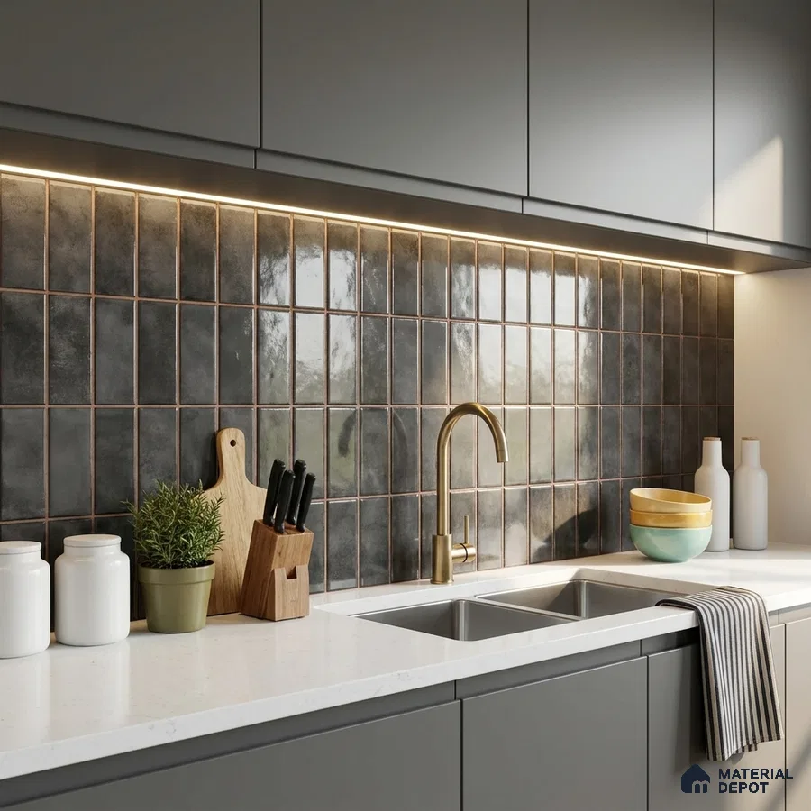 Modern Kitchen with Charcoal Black Glossy Stacked Backsplash Tile and Grey Cabinets