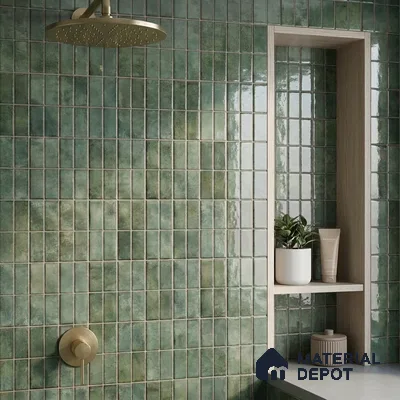 Modern Bathroom with Mossy Green Glossy Stacked Tile and Brass Fixtures
