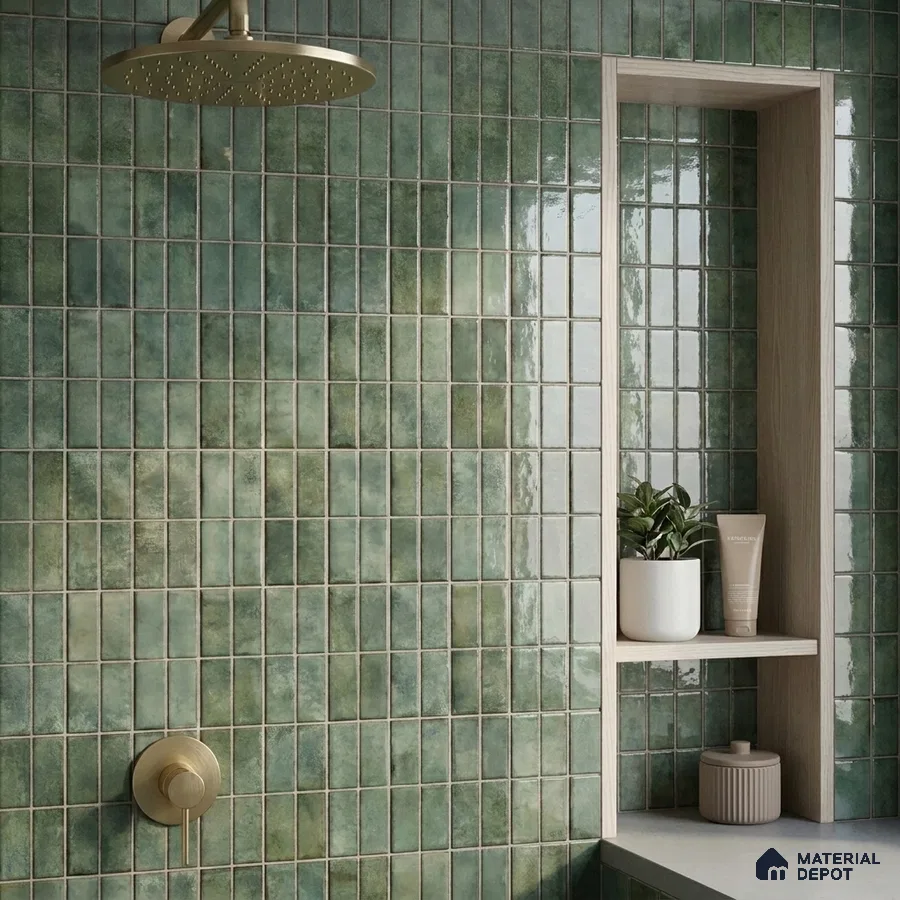 Modern Bathroom with Mossy Green Glossy Stacked Tile and Brass Fixtures