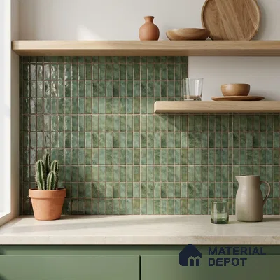 Scandinavian Kitchen with Mossy Green Glossy Stacked Backsplash Tile and Oak Shelves