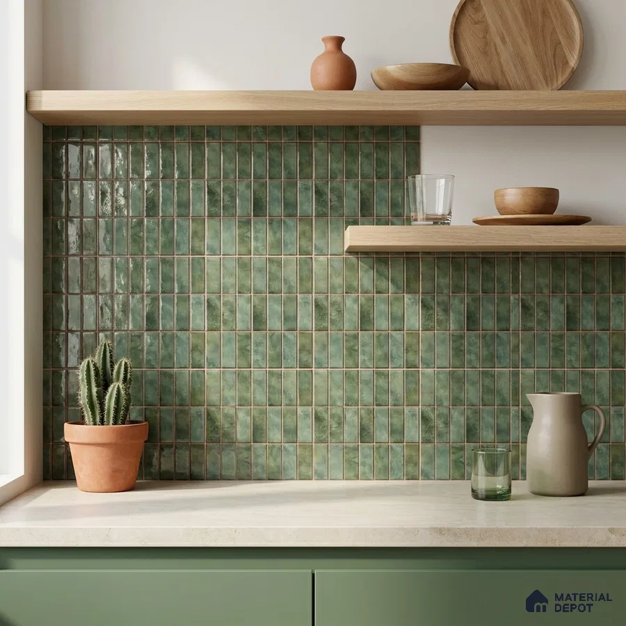 Scandinavian Kitchen with Mossy Green Glossy Stacked Backsplash Tile and Oak Shelves