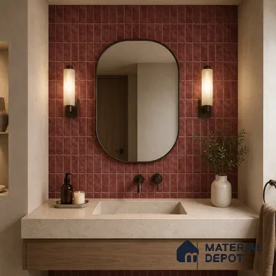 Modern Bathroom with Burgundy Red Glossy Stacked Tile and Stone Vanity