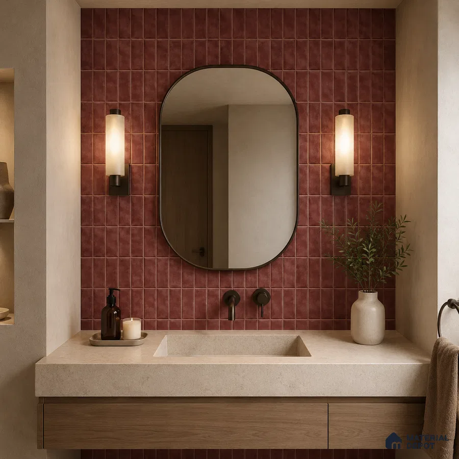 Modern Bathroom with Burgundy Red Glossy Stacked Tile and Stone Vanity