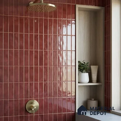 Modern Bathroom with Burgundy Red Glossy Stacked Tile and Brass Fixtures