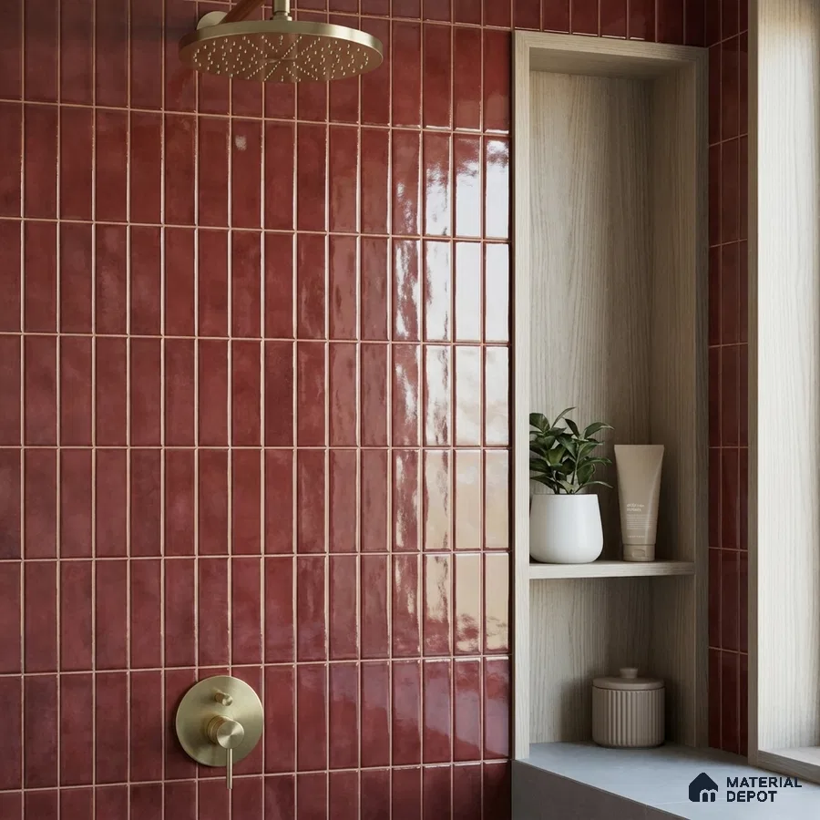 Modern Bathroom with Burgundy Red Glossy Stacked Tile and Brass Fixtures