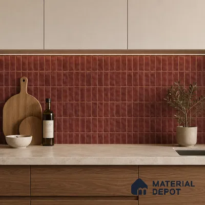 Modern Kitchen with Burgundy Red Glossy Stacked Backsplash Tile and Walnut Cabinets
