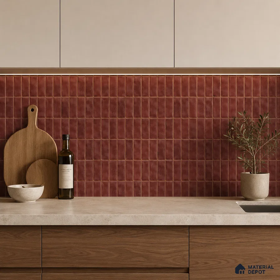 Modern Kitchen with Burgundy Red Glossy Stacked Backsplash Tile and Walnut Cabinets