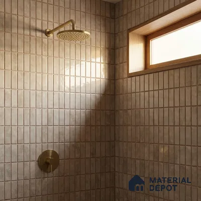 Modern Bathroom with Greige Glossy Stacked Tile and Brass Fixtures