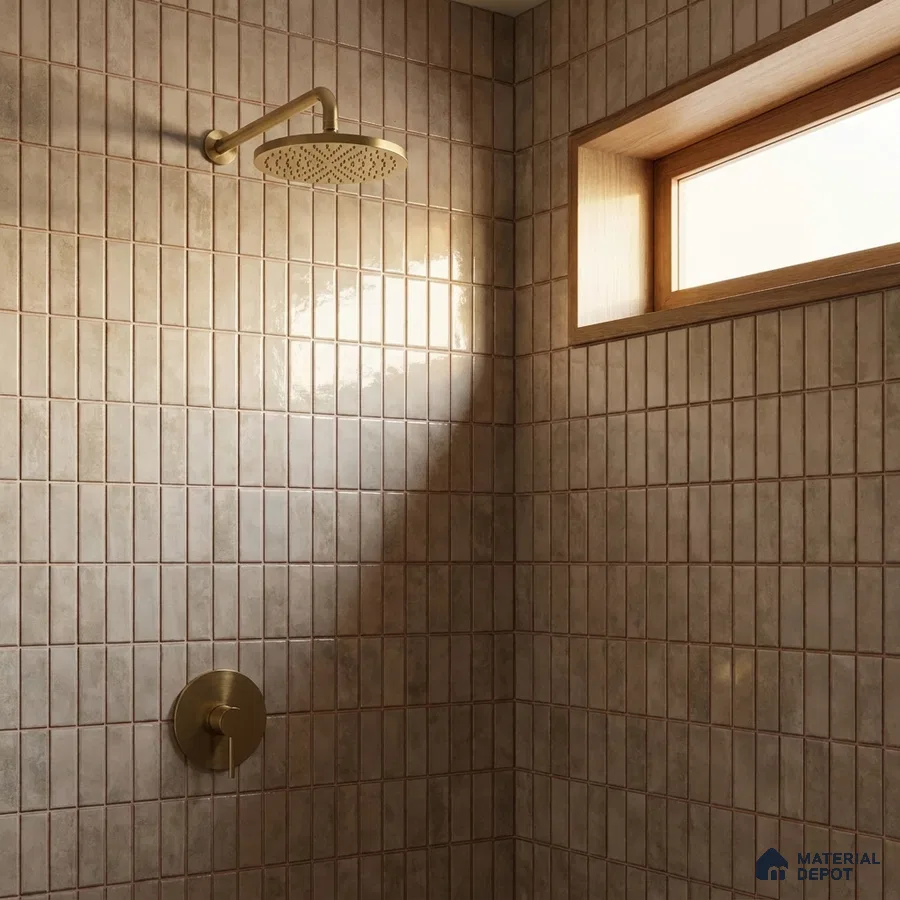 Modern Bathroom with Greige Glossy Stacked Tile and Brass Fixtures