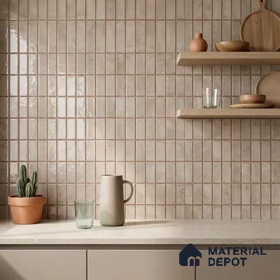 Scandinavian Kitchen with Greige Glossy Stacked Backsplash Tile and Oak Shelves