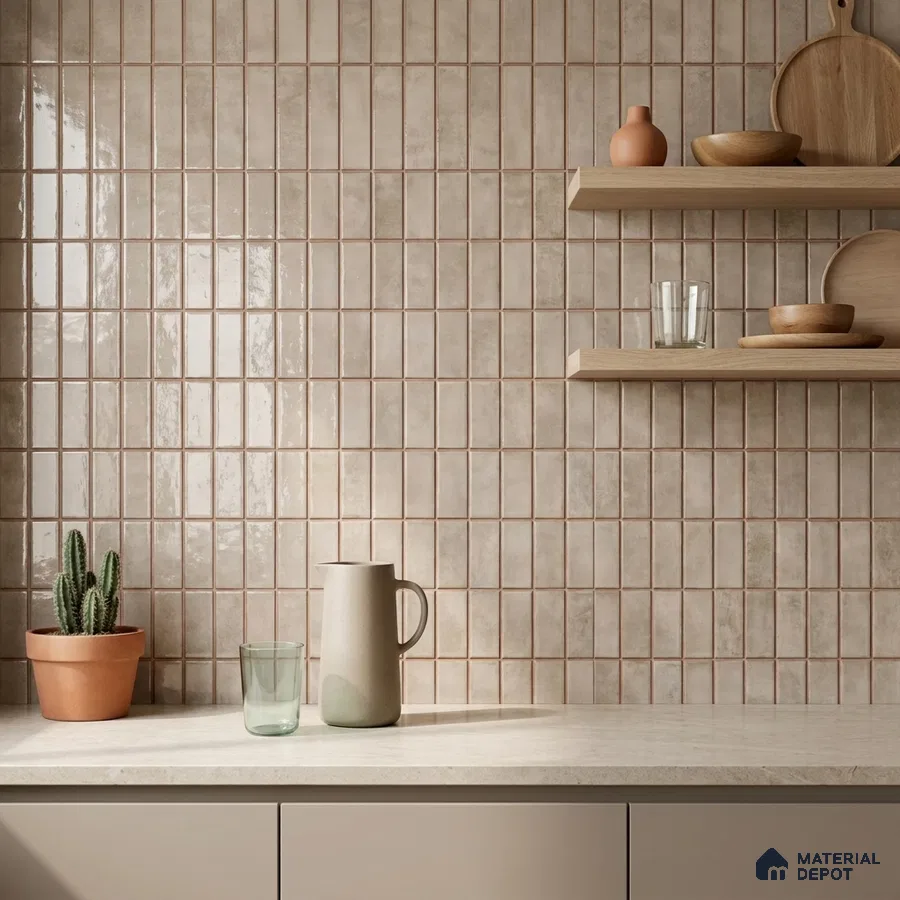 Scandinavian Kitchen with Greige Glossy Stacked Backsplash Tile and Oak Shelves