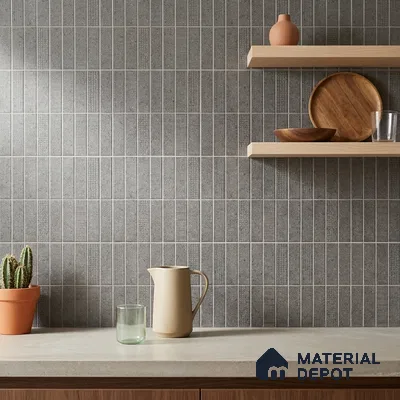 Modern Kitchen with Charcoal Grey Textured Matte Backsplash Tile and Walnut Cabinets