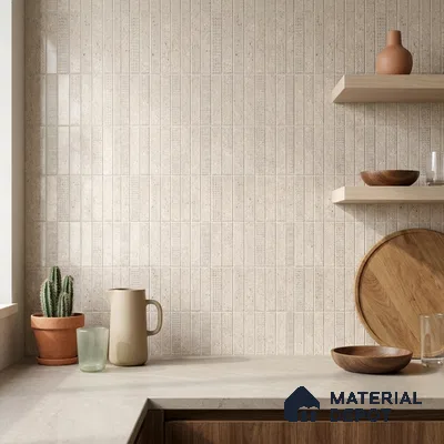 Scandinavian Kitchen with Warm Beige Textured Matte Backsplash Tile and Walnut Cabinets