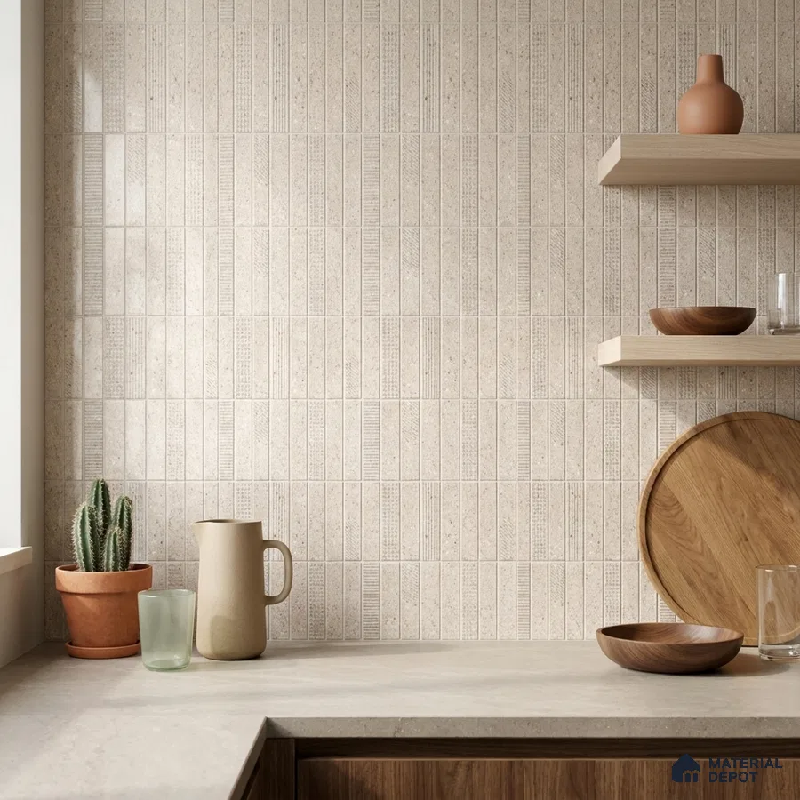 Scandinavian Kitchen with Warm Beige Textured Matte Backsplash Tile and Walnut Cabinets