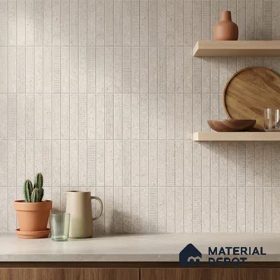 Scandinavian Kitchen with Light Grey Textured Matte Backsplash Tile and Walnut Cabinets