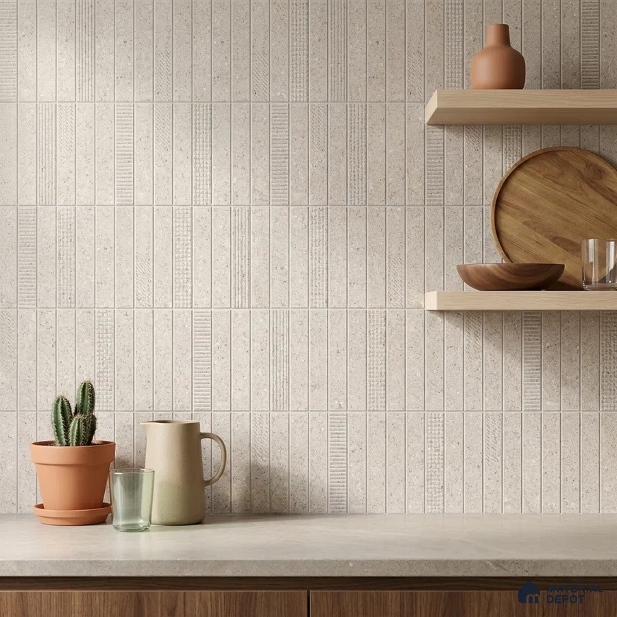 Scandinavian Kitchen with Light Grey Textured Matte Backsplash Tile and Walnut Cabinets