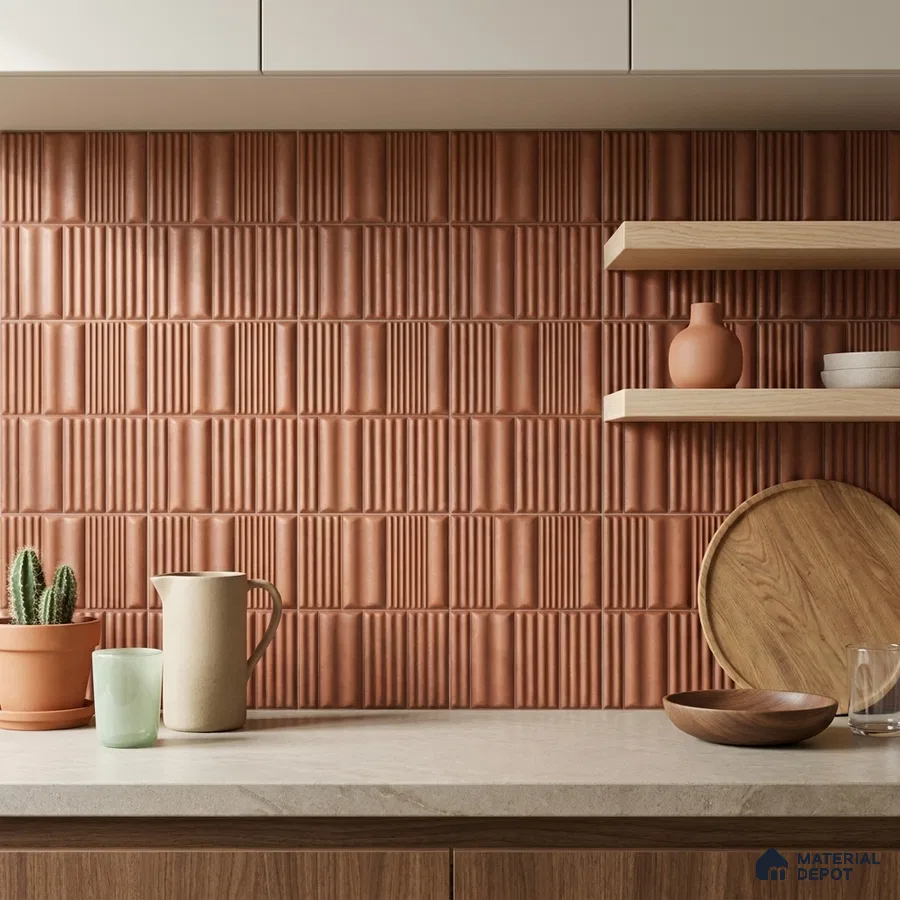 Mid-century Modern Kitchen with Terracotta Fluted 3D Backsplash Tile and Walnut Cabinets