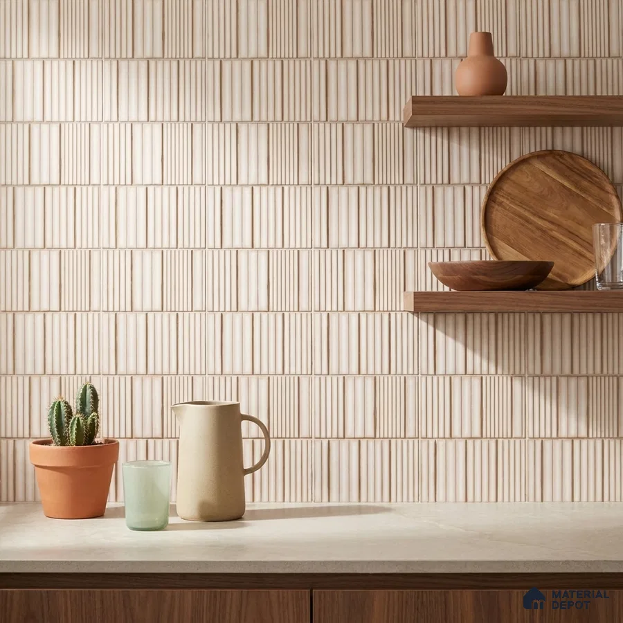 Scandinavian Kitchen with Cream Beige Fluted Backsplash Tile and Walnut Shelves