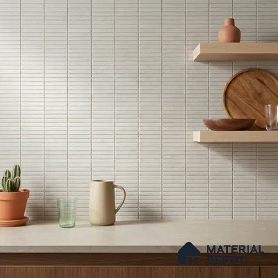 Modern Kitchen with Cream Linear Mosaic Backsplash Tile and Walnut Cabinets