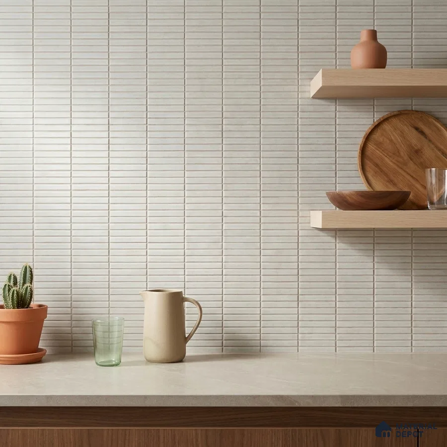 Modern Kitchen with Cream Linear Mosaic Backsplash Tile and Walnut Cabinets