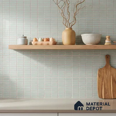 Modern Kitchen with Sage Green Linear Mosaic Backsplash Tile
