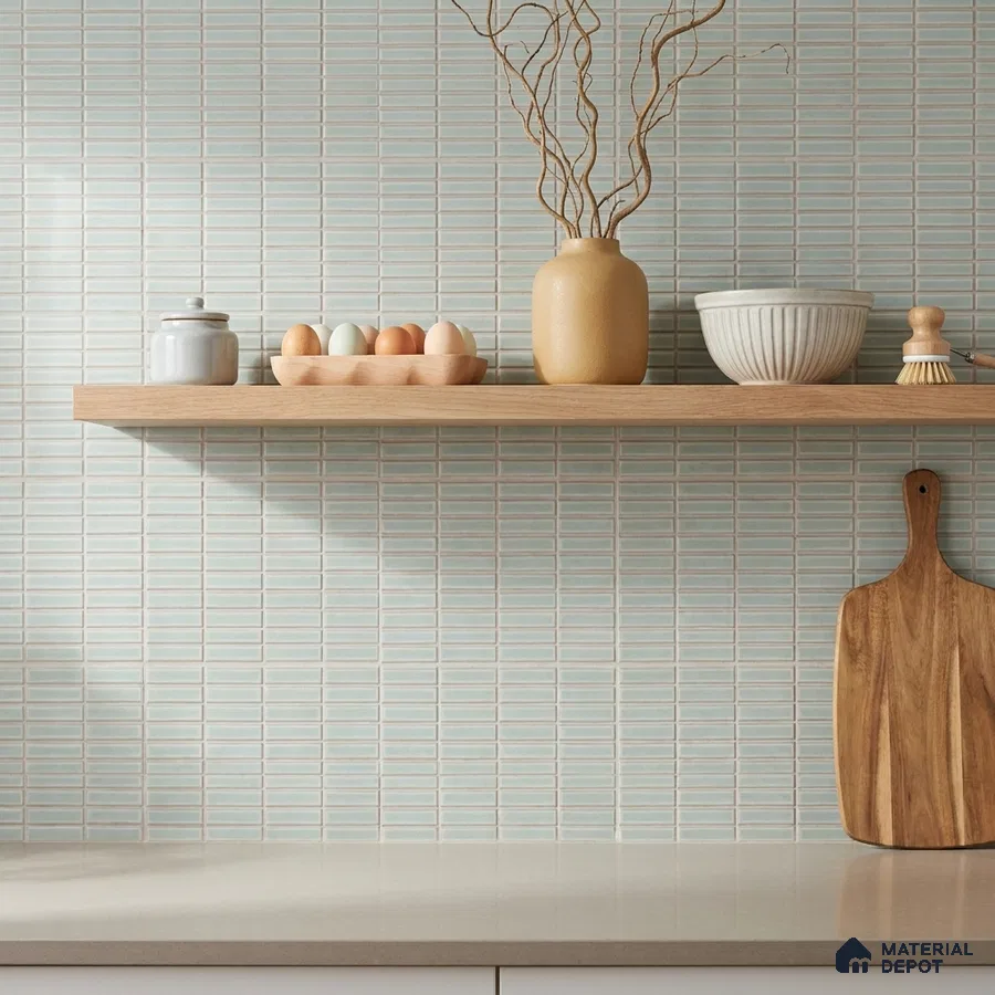Modern Kitchen with Sage Green Linear Mosaic Backsplash Tile