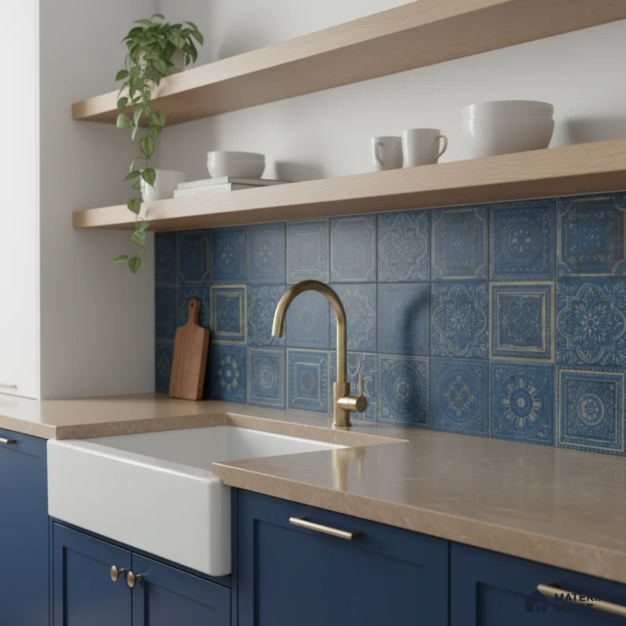 Modern kitchen with blue patterned backsplash tiles, beige quartz countertop, and navy blue laminate cabinets