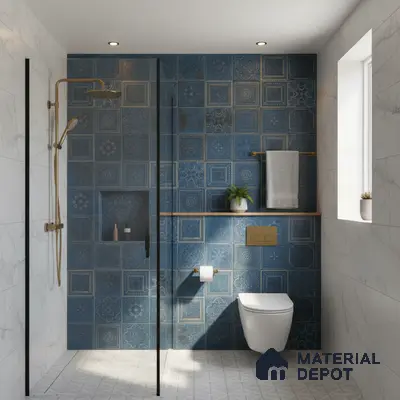 Modern bathroom with blue patterned wall tiles and white marble-look wall tiles