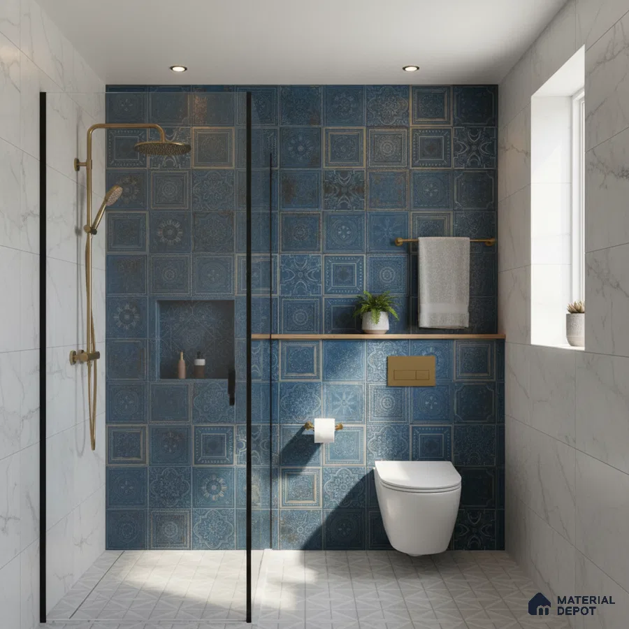 Modern bathroom with blue patterned wall tiles and white marble-look wall tiles