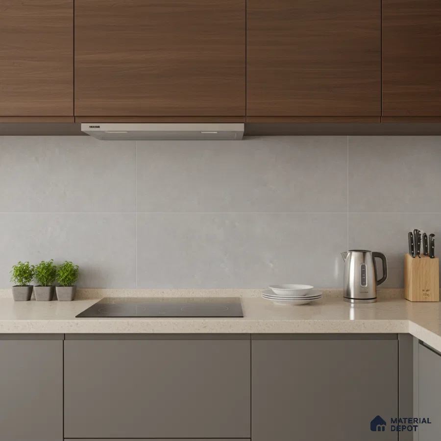 Modern kitchen with walnut wood laminate, taupe solid color laminate, and beige quartz countertop