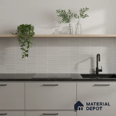 Minimalist kitchen with matte grey laminate cabinets, black marble countertop, and white textured subway backsplash tile