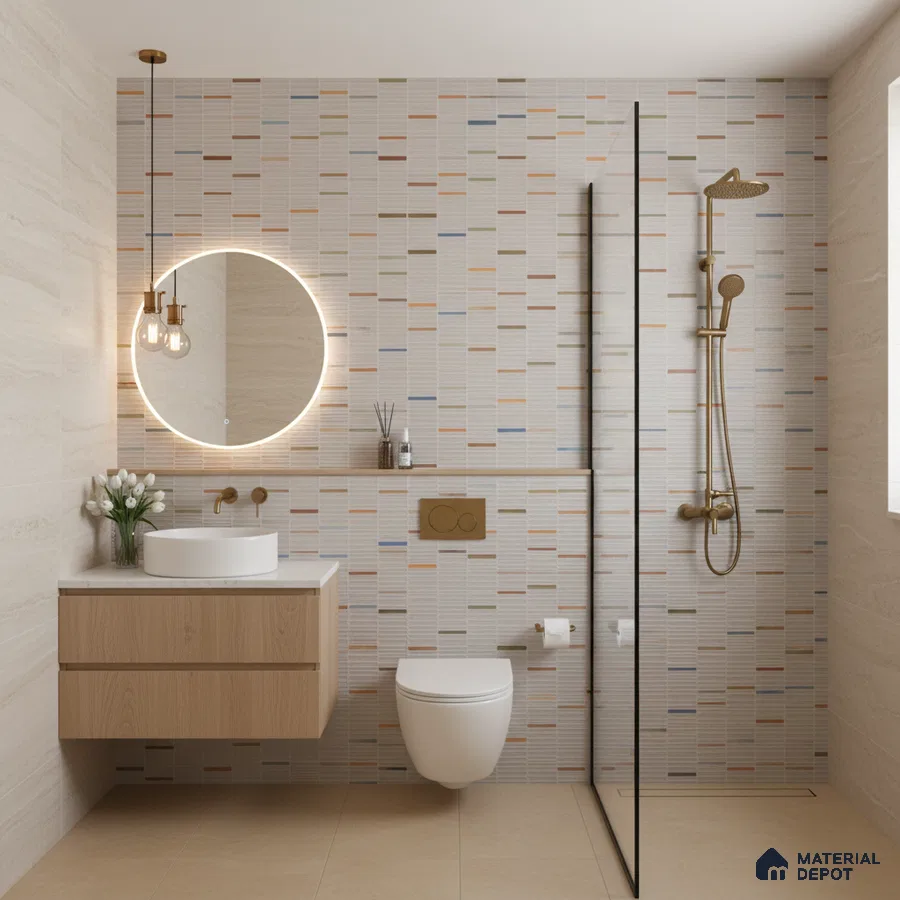 Scandinavian bathroom with multicolor linear wall tiles, beige floor tiles, and light wood floating vanity