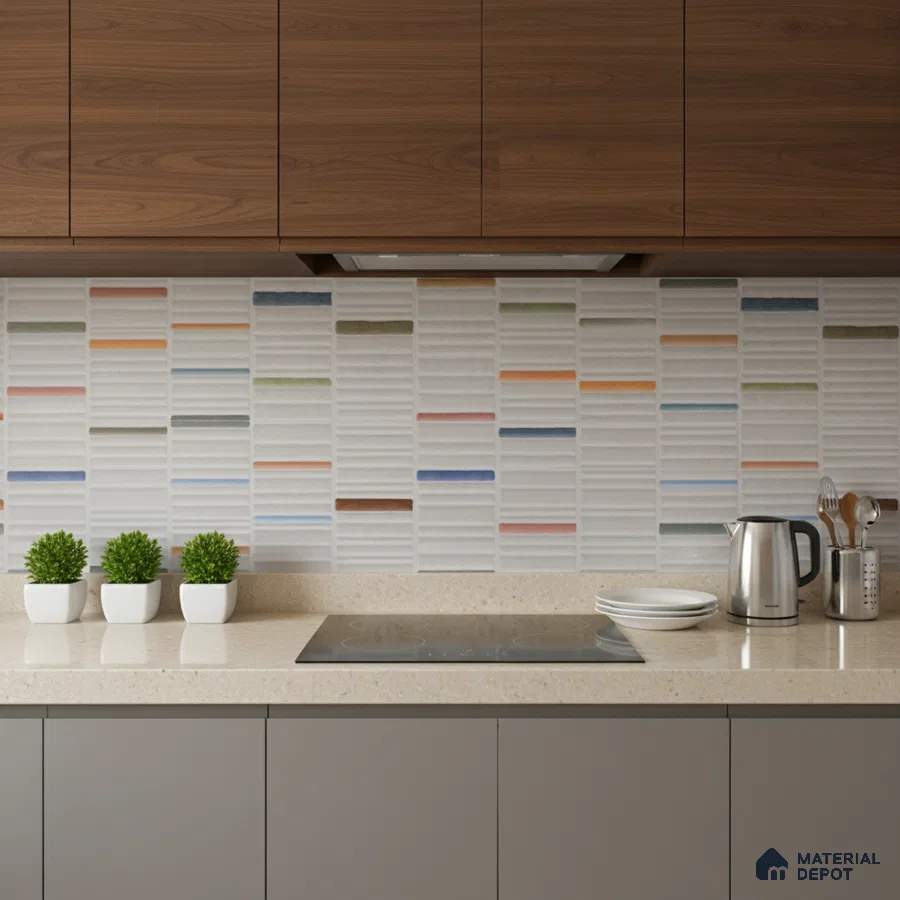 Modern kitchen with walnut wood laminate cabinets, beige quartz countertop, and multicolor striped backsplash tiles