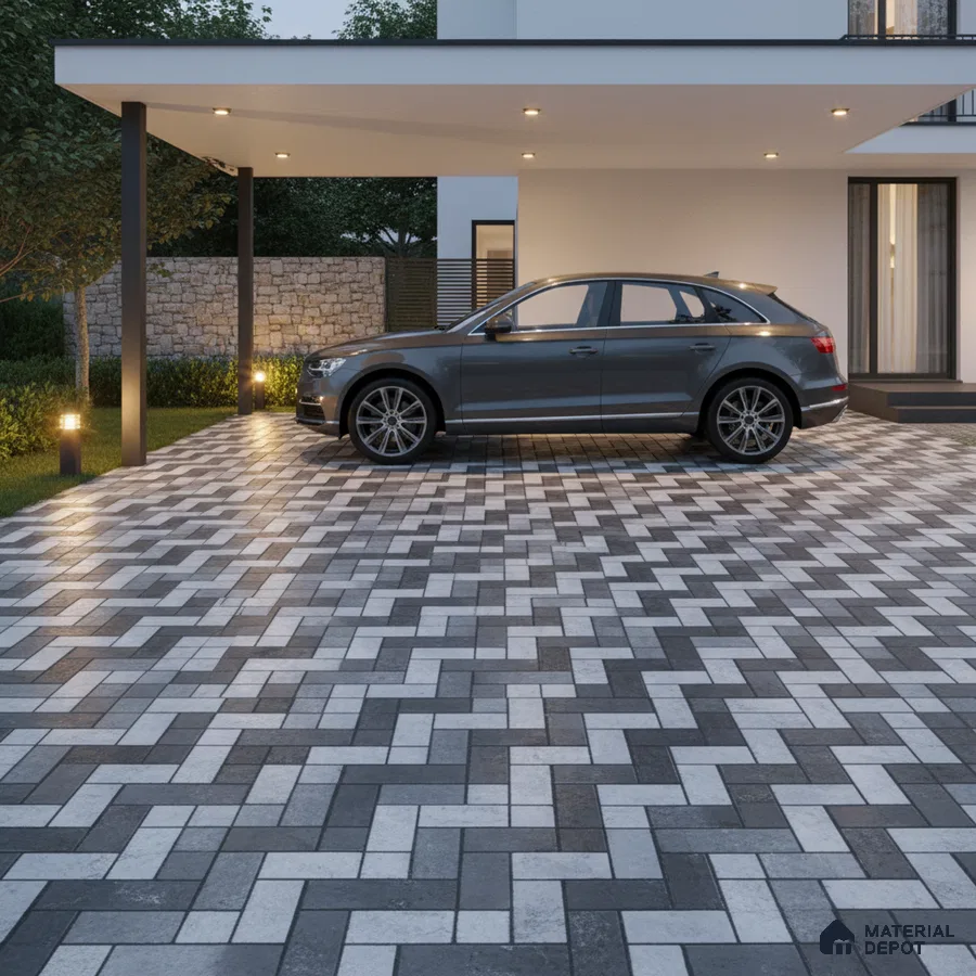 Modern parking with grey and white geometric interlocking floor tiles