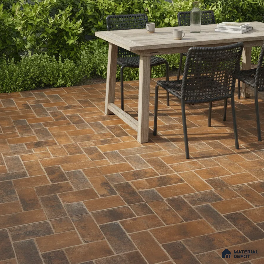 Modern outdoor patio with rustic terracotta herringbone floor tiles and wooden dining table