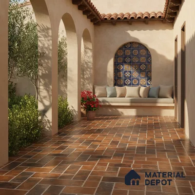 Mediterranean outdoor patio with terracotta floor tiles and blue patterned wall tiles